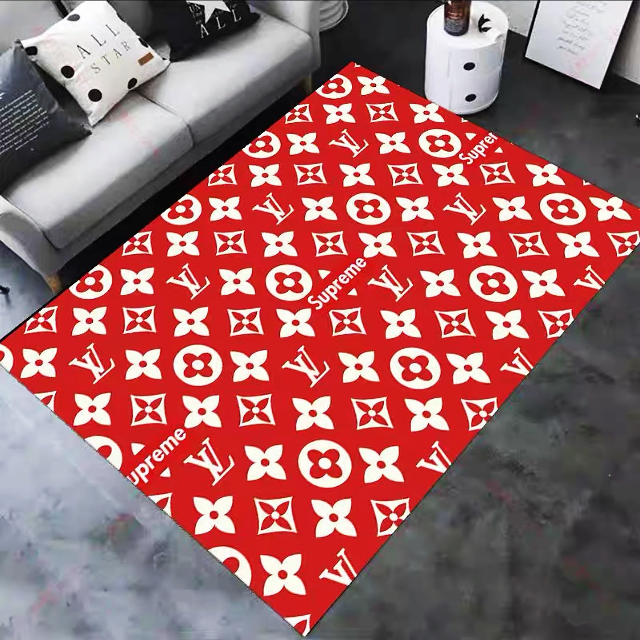 Classic Supreme Red X Louis Vuitton White Monogram Design Rectangle Carpet Home Decoration Rugs (SP008)