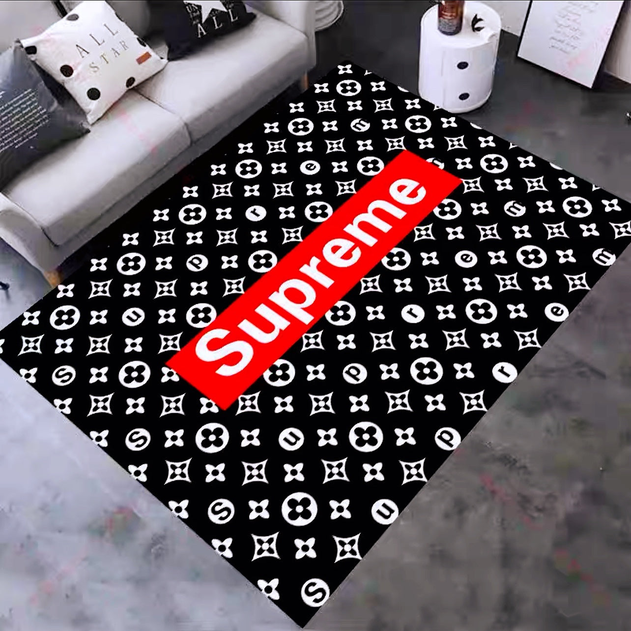 Streetwear Brand Supreme Louis Vuitton Black Monogram Background Design Rectangle Carpet Home Decoration Rugs (SP004)