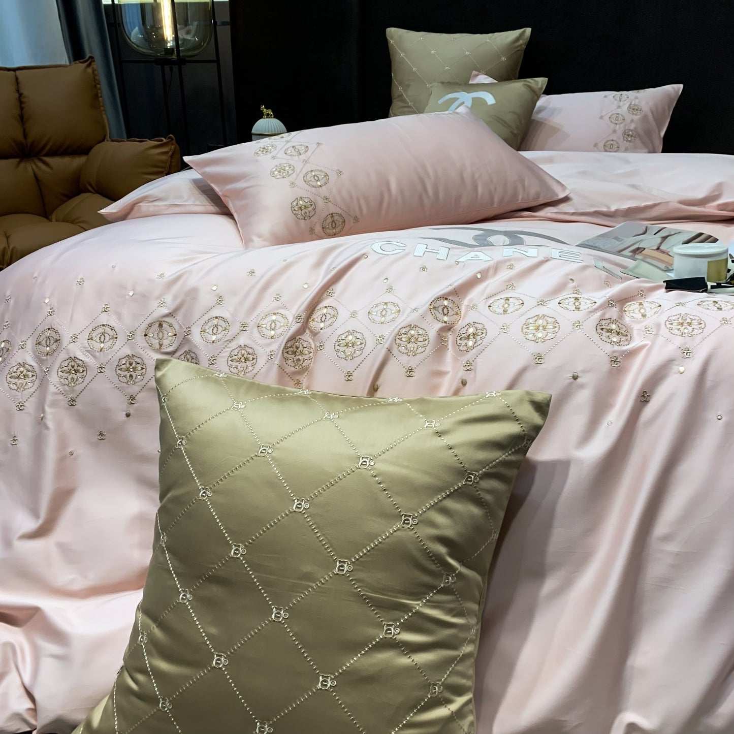 Chanel Logo Light Pink Design Bed Sheet Luxury Egyptian Cotton 4 Pieces Bedding Set