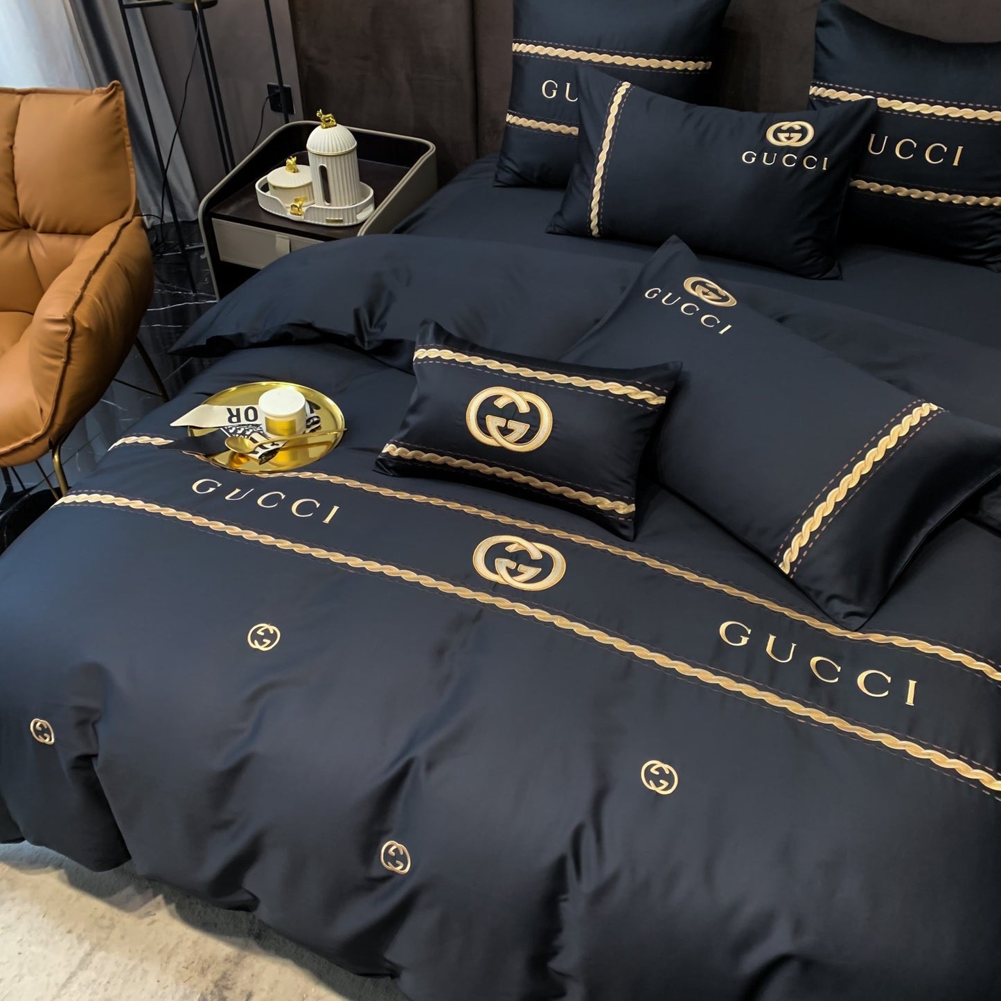 Classic Luxury Branded Logo Double G Gucci Bed Sheet Egyptian Cotton 4 Pieces Bedding Set