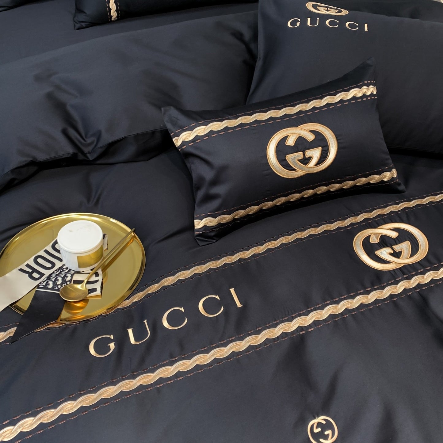 Classic Luxury Branded Logo Double G Gucci Bed Sheet Egyptian Cotton 4 Pieces Bedding Set