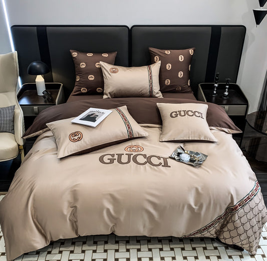 Classic Double G Gucci Luxury Branded Logo Brown Bed Sheet Egyptian Cotton 4 Pieces Bedding Set