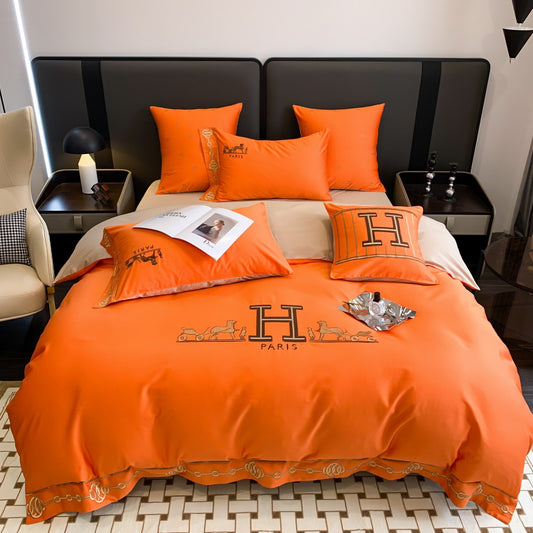 Classic Hermes Orange Luxury Branded Logo Design Bed Sheet Egyptian Cotton 4 Pieces Bedding Set