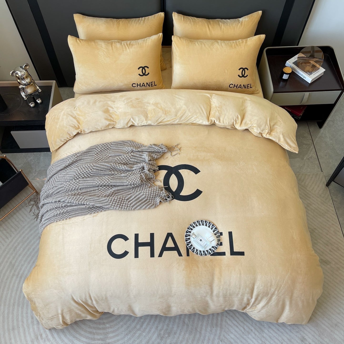 Plain Colour Design Crystal Velvet Yellow Chanel Logo Design Bedding Set