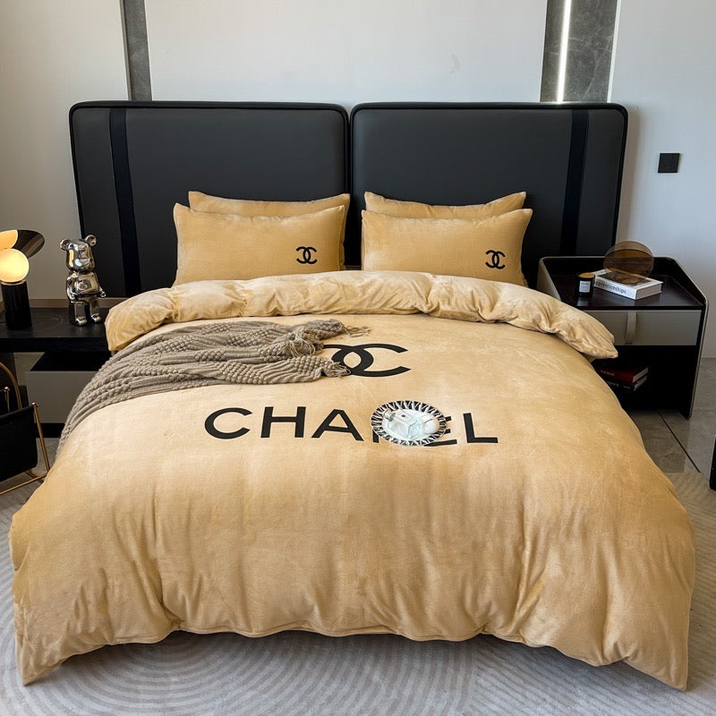 Plain Colour Design Crystal Velvet Yellow Chanel Logo Design Bedding Set