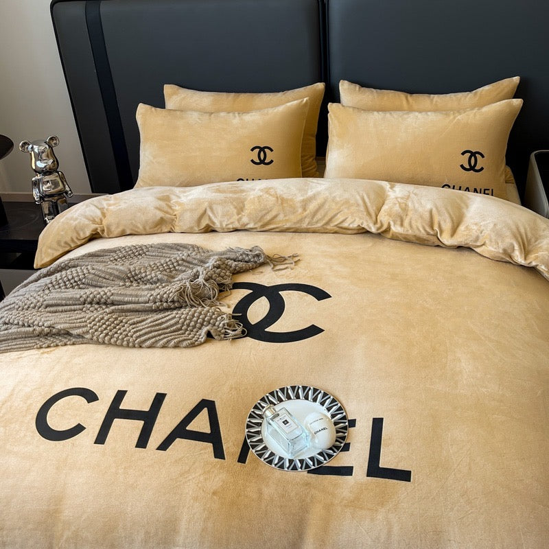 Plain Colour Design Crystal Velvet Yellow Chanel Logo Design Bedding Set