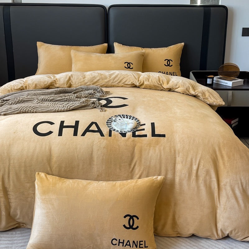 Plain Colour Design Crystal Velvet Yellow Chanel Logo Design Bedding Set