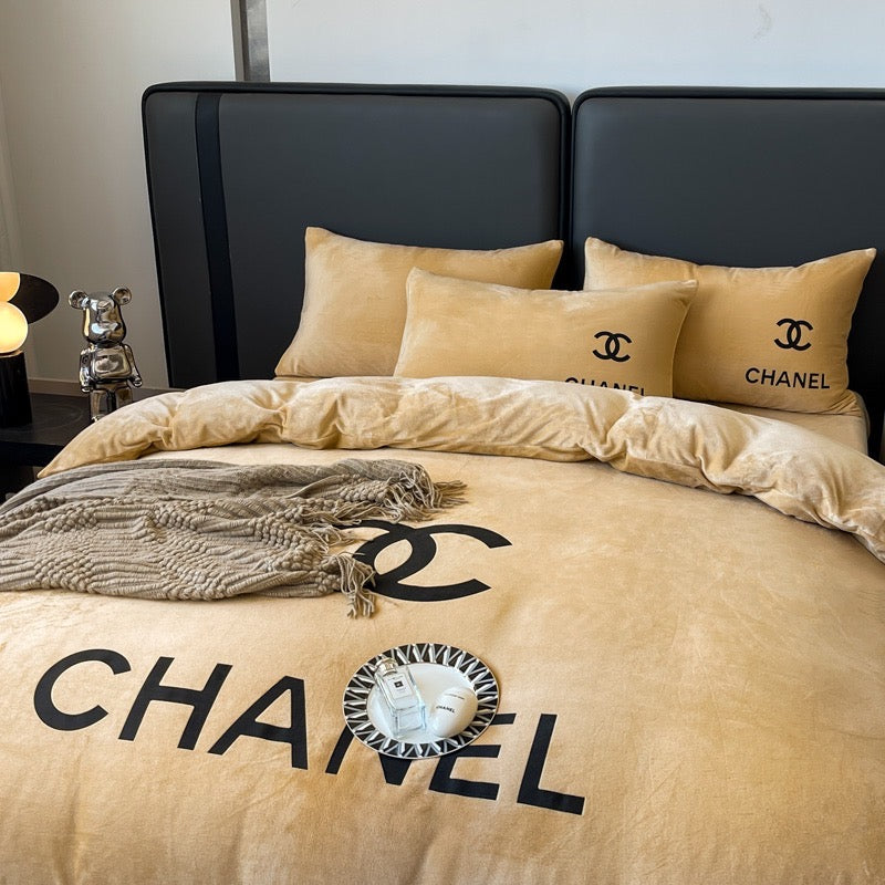 Plain Colour Design Crystal Velvet Yellow Chanel Logo Design Bedding Set