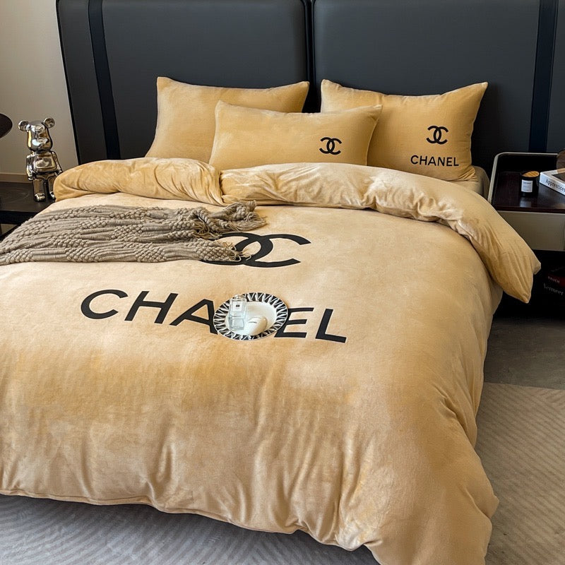 Plain Colour Design Crystal Velvet Yellow Chanel Logo Design Bedding Set