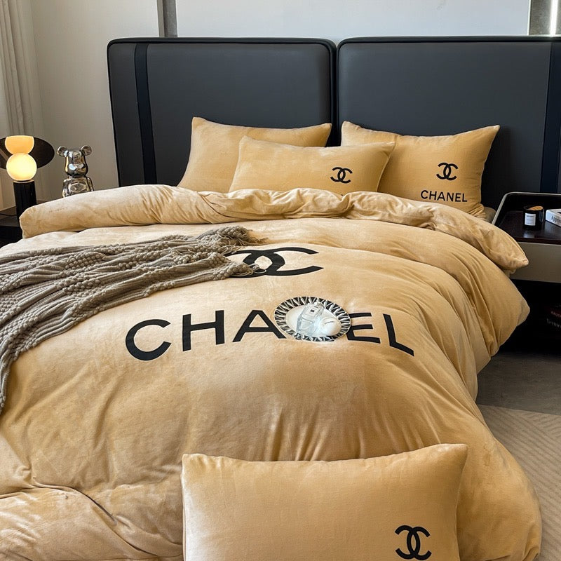 Plain Colour Design Crystal Velvet Yellow Chanel Logo Design Bedding Set