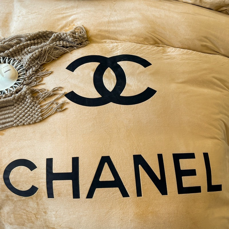 Plain Colour Design Crystal Velvet Yellow Chanel Logo Design Bedding Set