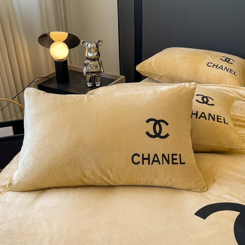 Plain Colour Design Crystal Velvet Yellow Chanel Logo Design Bedding Set