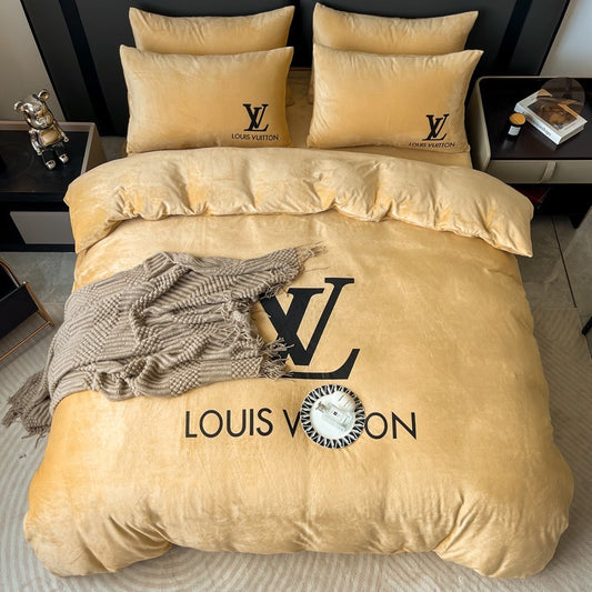 Plain Yellow Bed Sheet Black Louis Vuitton LV Luxury Branded Logo Crystal Velvet Bedding Set