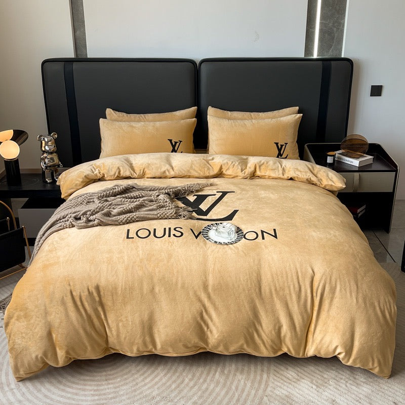 Plain Yellow Bed Sheet Black Louis Vuitton LV Luxury Branded Logo Crystal Velvet Bedding Set