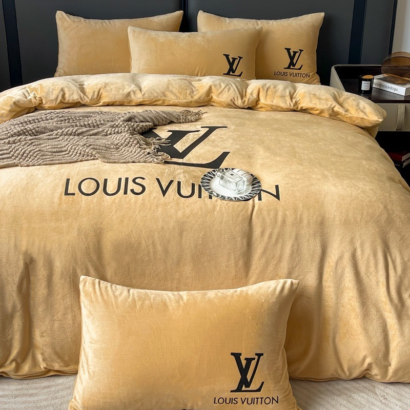 Plain Yellow Bed Sheet Black Louis Vuitton LV Luxury Branded Logo Crystal Velvet Bedding Set