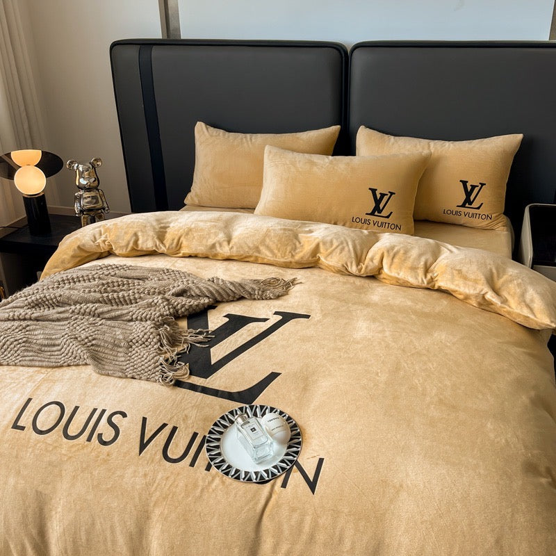 Plain Yellow Bed Sheet Black Louis Vuitton LV Luxury Branded Logo Crystal Velvet Bedding Set