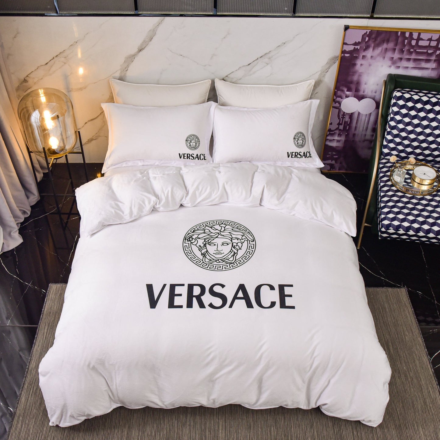 Versace Medusa Luxury Branded Logo Plain White Design Bed Sheet Crystal Velvet Bedding Set