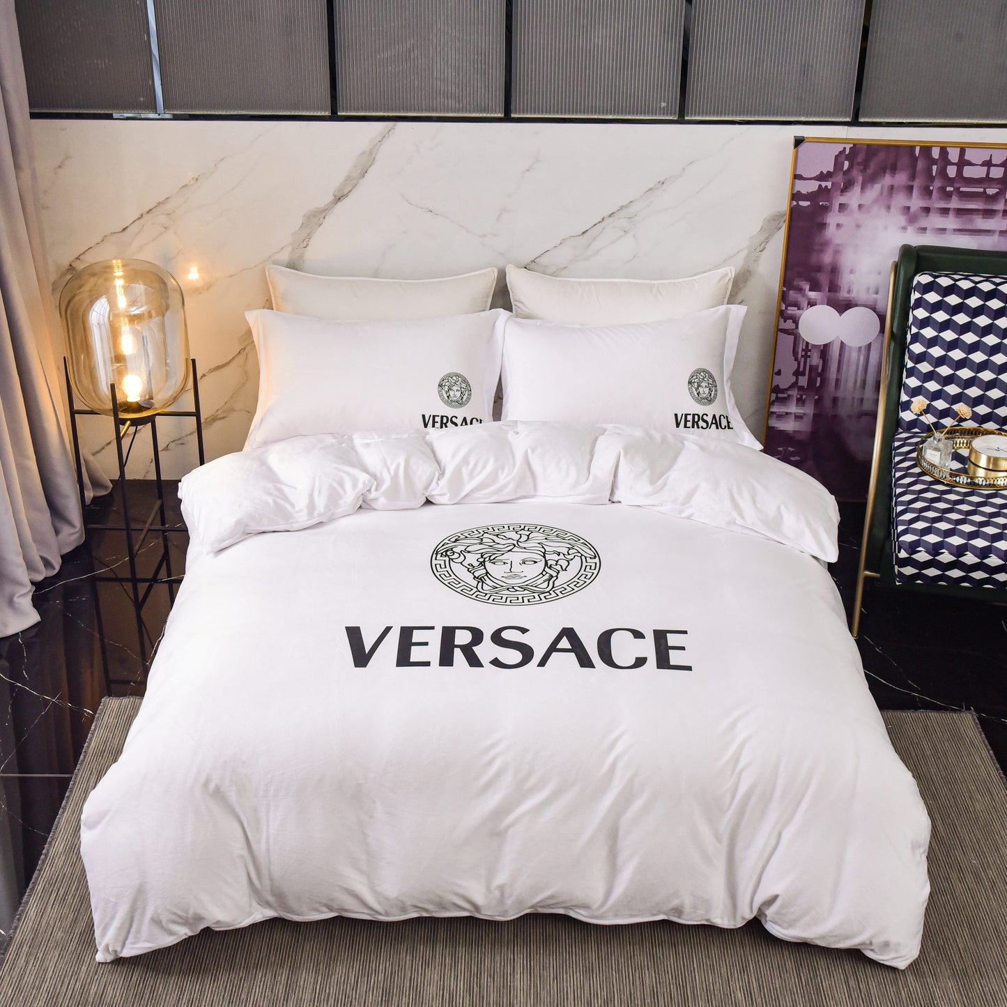 Versace Medusa Luxury Branded Logo Plain White Design Bed Sheet Crystal Velvet Bedding Set