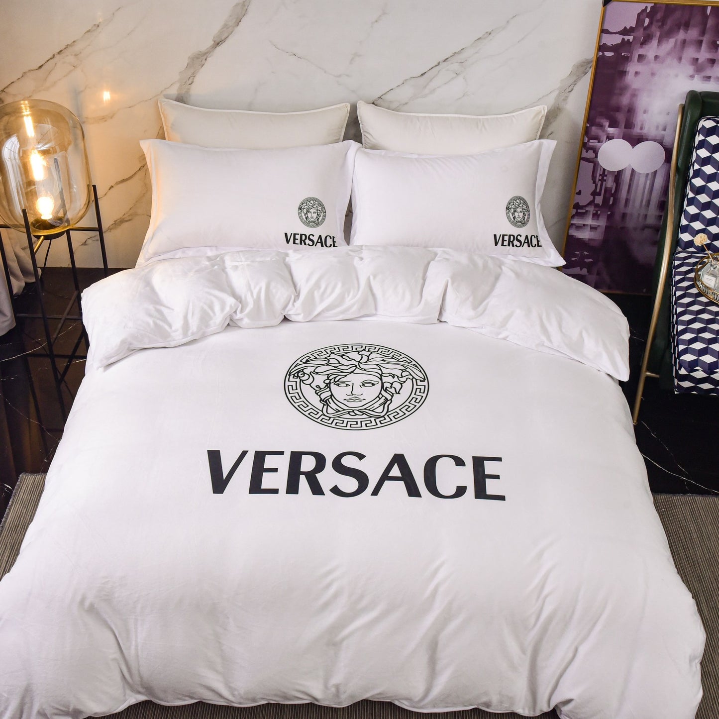 Versace Medusa Luxury Branded Logo Plain White Design Bed Sheet Crystal Velvet Bedding Set