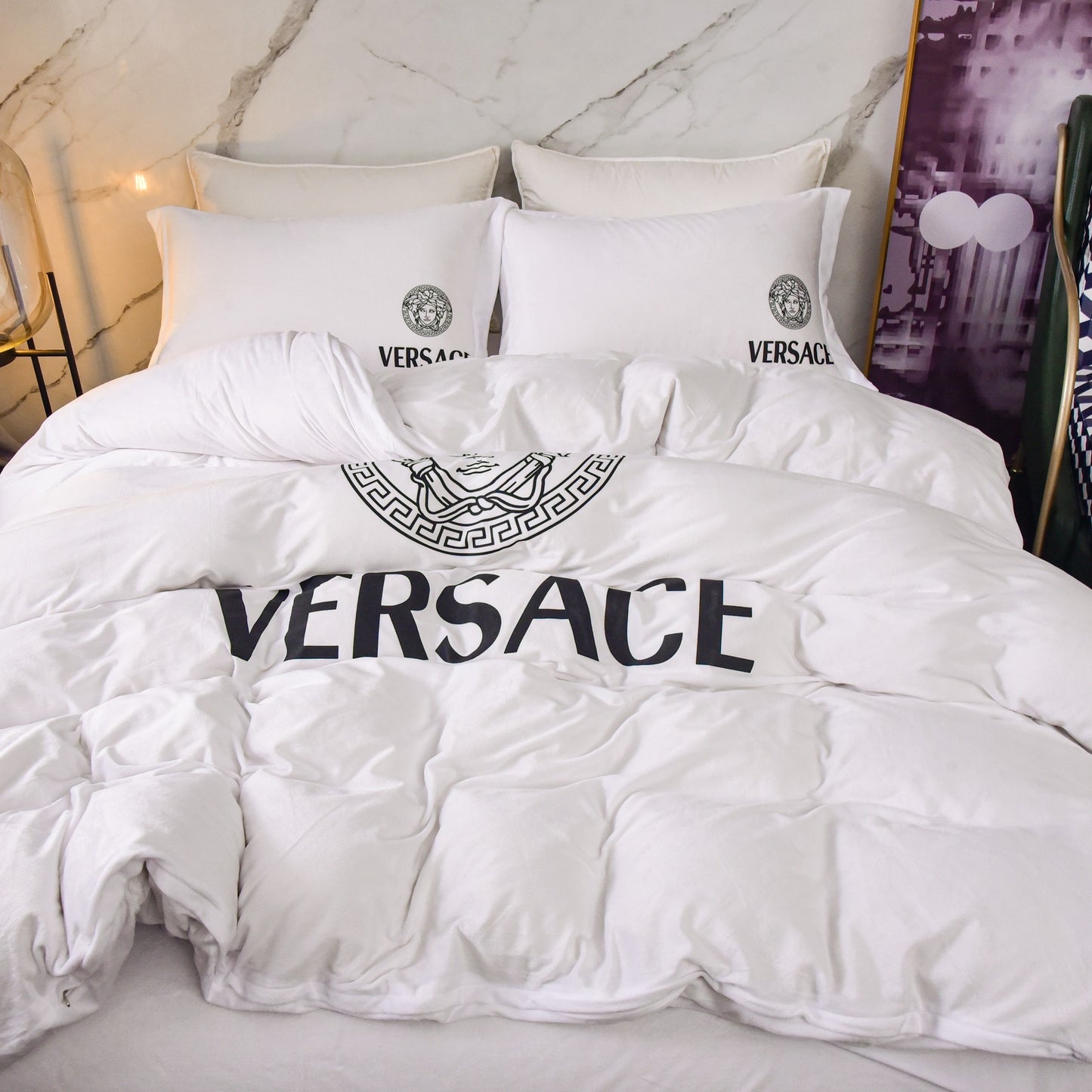 Versace Medusa Luxury Branded Logo Plain White Design Bed Sheet Crystal Velvet Bedding Set