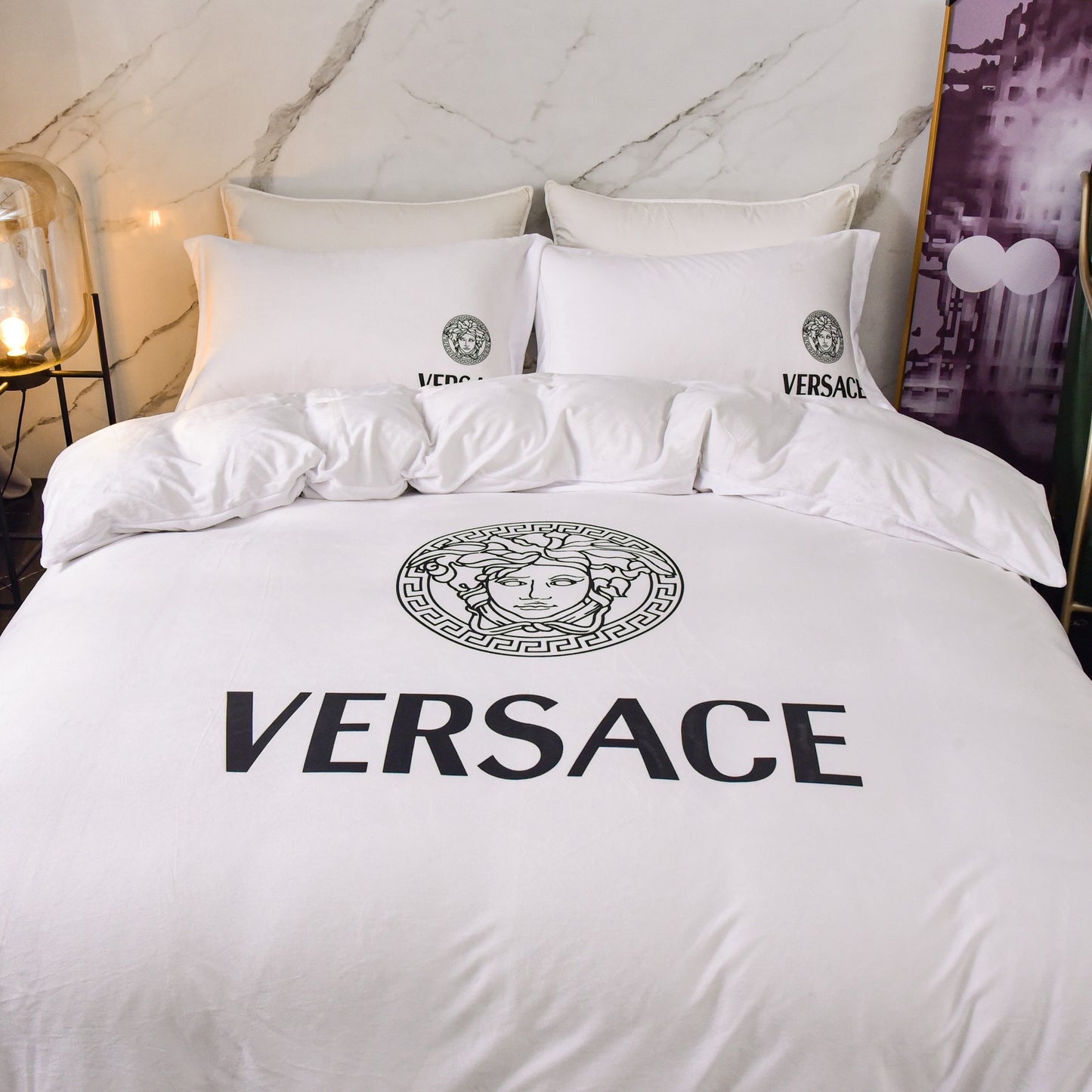 Versace Medusa Luxury Branded Logo Plain White Design Bed Sheet Crystal Velvet Bedding Set