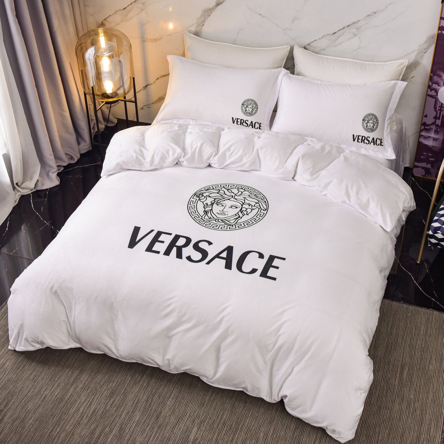 Versace Medusa Luxury Branded Logo Plain White Design Bed Sheet Crystal Velvet Bedding Set