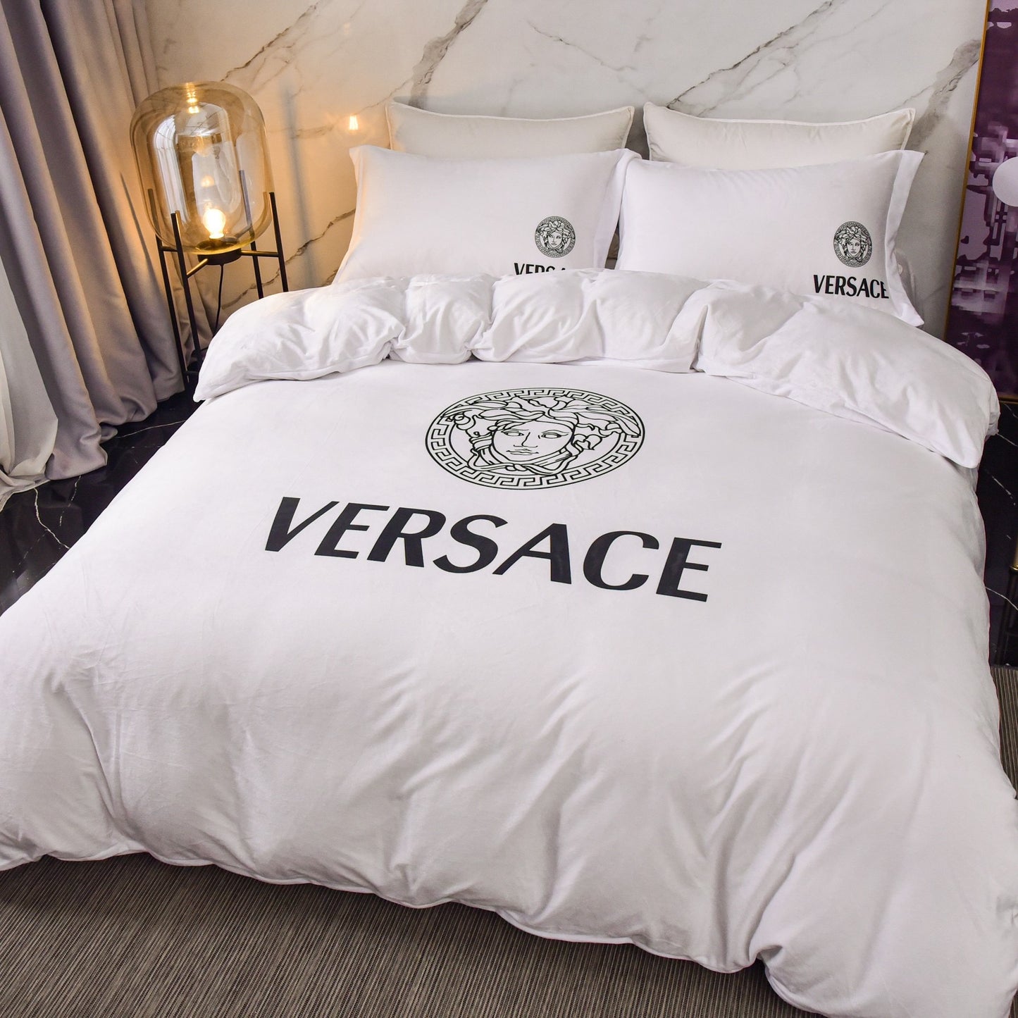 Versace Medusa Luxury Branded Logo Plain White Design Bed Sheet Crystal Velvet Bedding Set