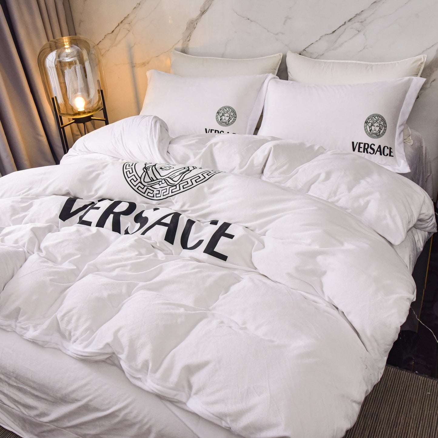 Versace Medusa Luxury Branded Logo Plain White Design Bed Sheet Crystal Velvet Bedding Set