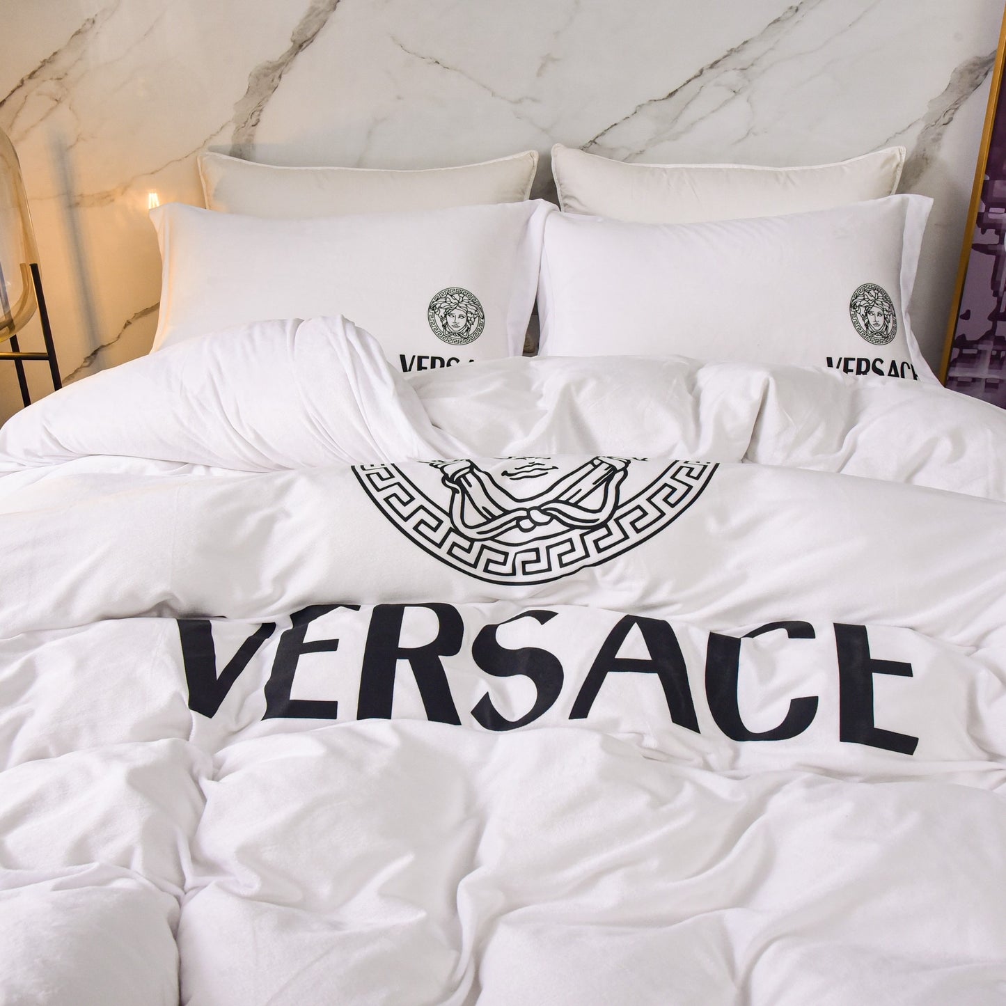 Versace Medusa Luxury Branded Logo Plain White Design Bed Sheet Crystal Velvet Bedding Set