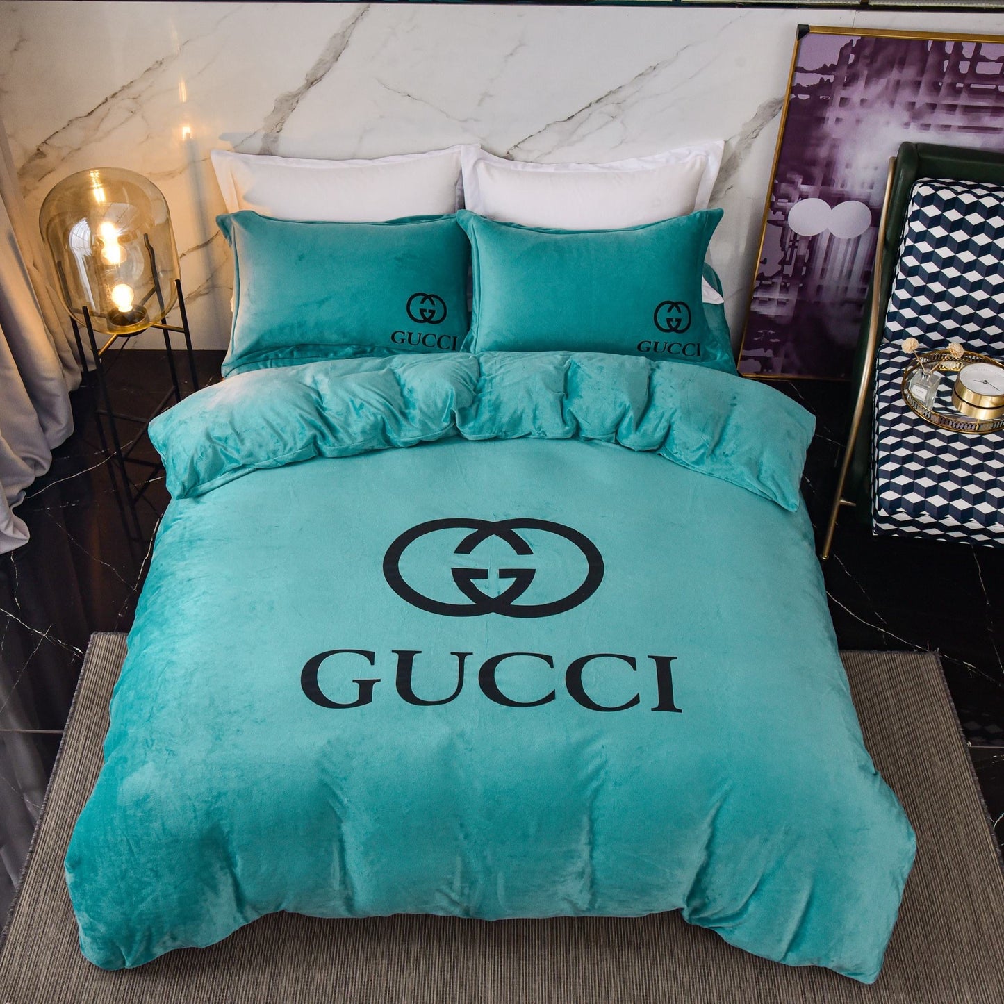 Tiffany Blue Plain Colour Gucci Luxury Branded Logo Design Crystal Velvet Bedding Set