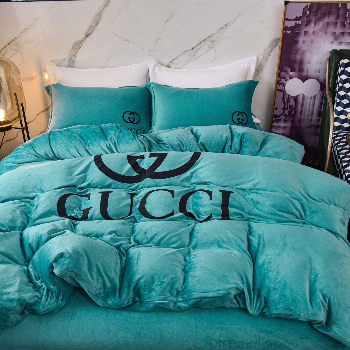 Tiffany Blue Plain Colour Gucci Luxury Branded Logo Design Crystal Velvet Bedding Set