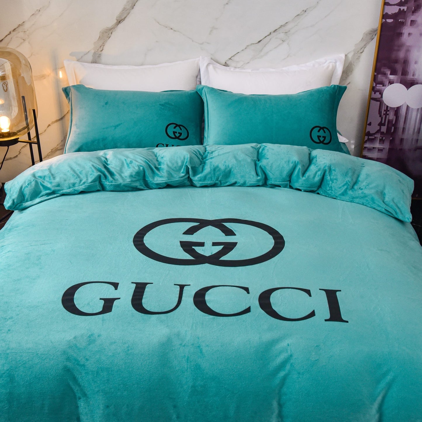 Tiffany Blue Plain Colour Gucci Luxury Branded Logo Design Crystal Velvet Bedding Set