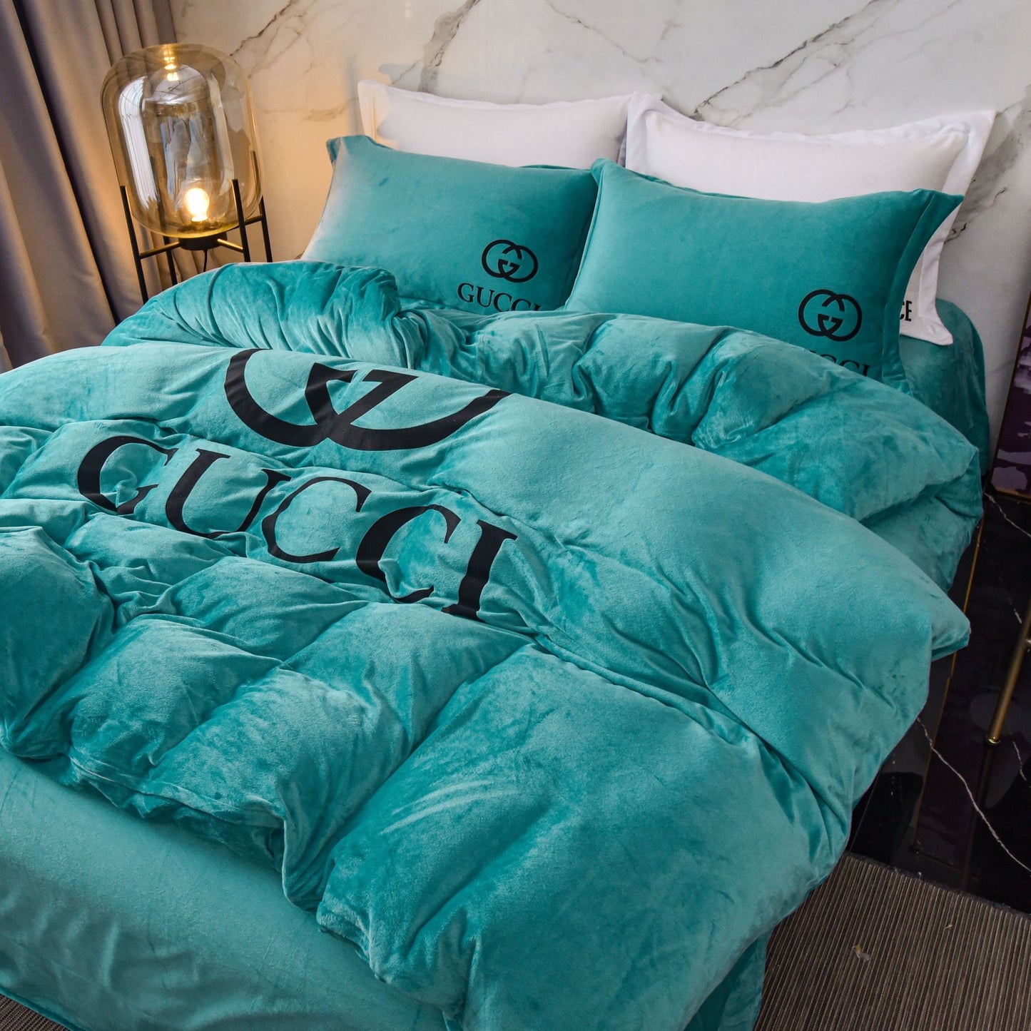 Tiffany Blue Plain Colour Gucci Luxury Branded Logo Design Crystal Velvet Bedding Set