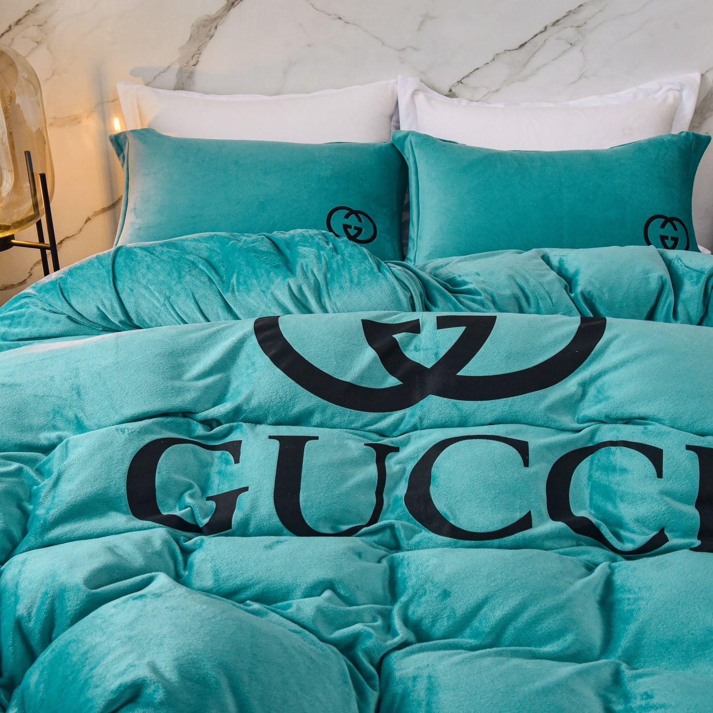 Tiffany Blue Plain Colour Gucci Luxury Branded Logo Design Crystal Velvet Bedding Set