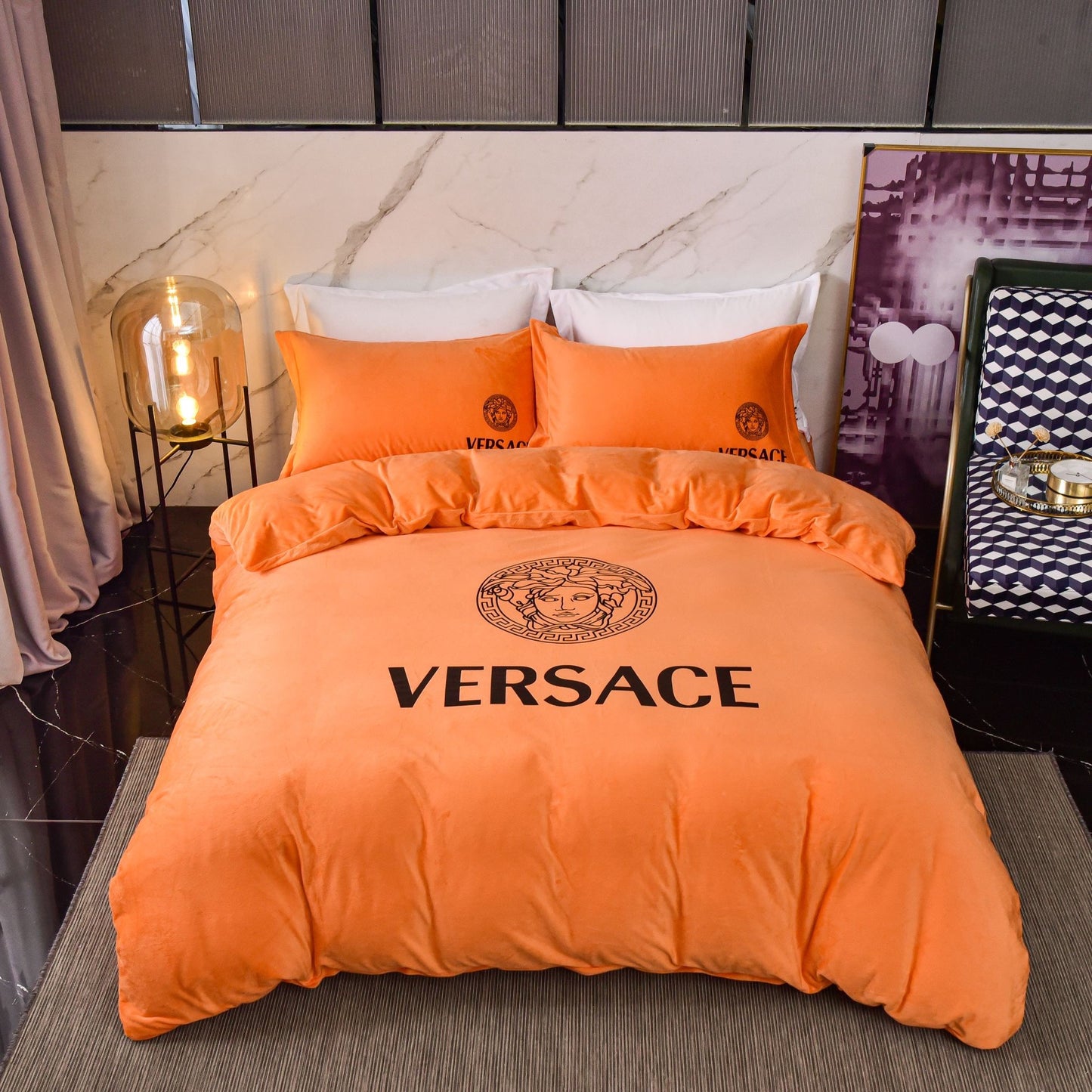 Versace Medusa Luxury Branded Logo Plain Orange Design Bed Sheet Crystal Velvet Bedding Set