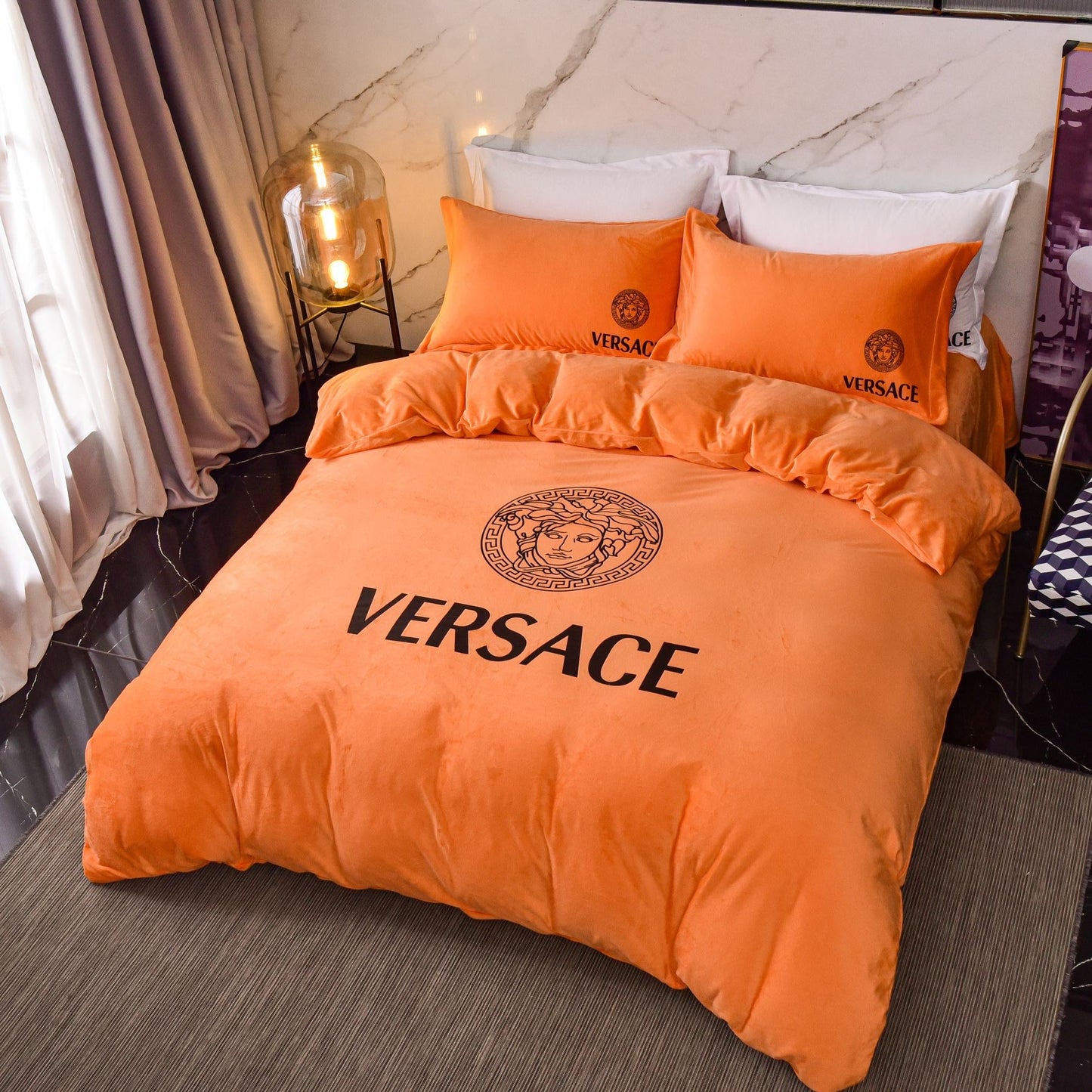 Versace Medusa Luxury Branded Logo Plain Orange Design Bed Sheet Crystal Velvet Bedding Set