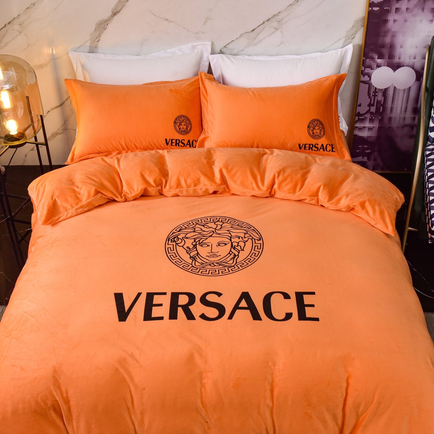 Versace Medusa Luxury Branded Logo Plain Orange Design Bed Sheet Crystal Velvet Bedding Set