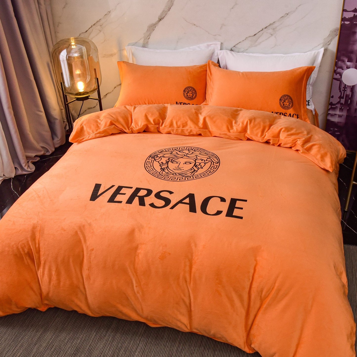 Versace Medusa Luxury Branded Logo Plain Orange Design Bed Sheet Crystal Velvet Bedding Set