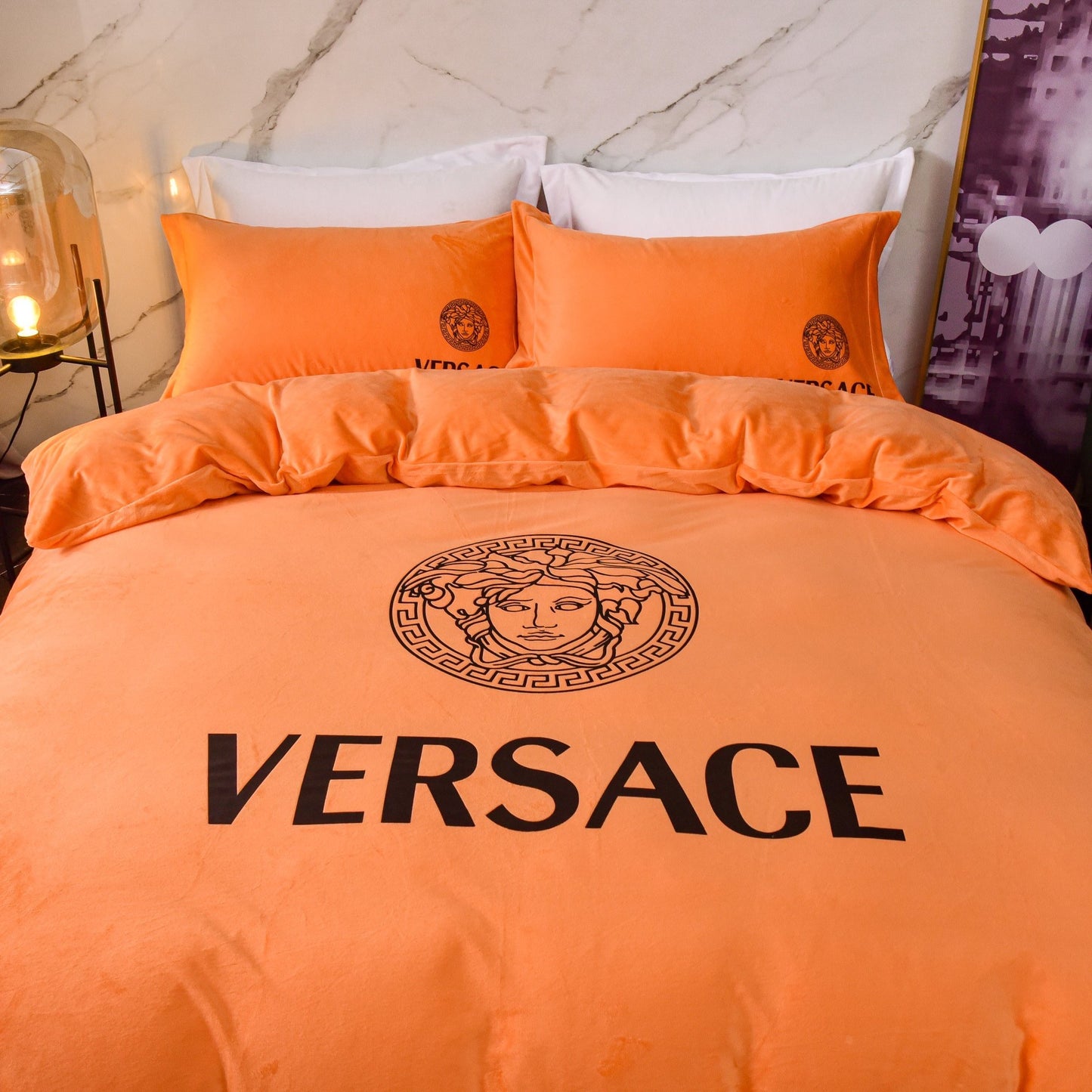 Versace Medusa Luxury Branded Logo Plain Orange Design Bed Sheet Crystal Velvet Bedding Set