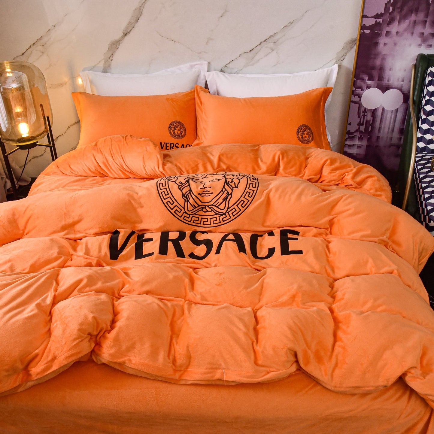 Versace Medusa Luxury Branded Logo Plain Orange Design Bed Sheet Crystal Velvet Bedding Set