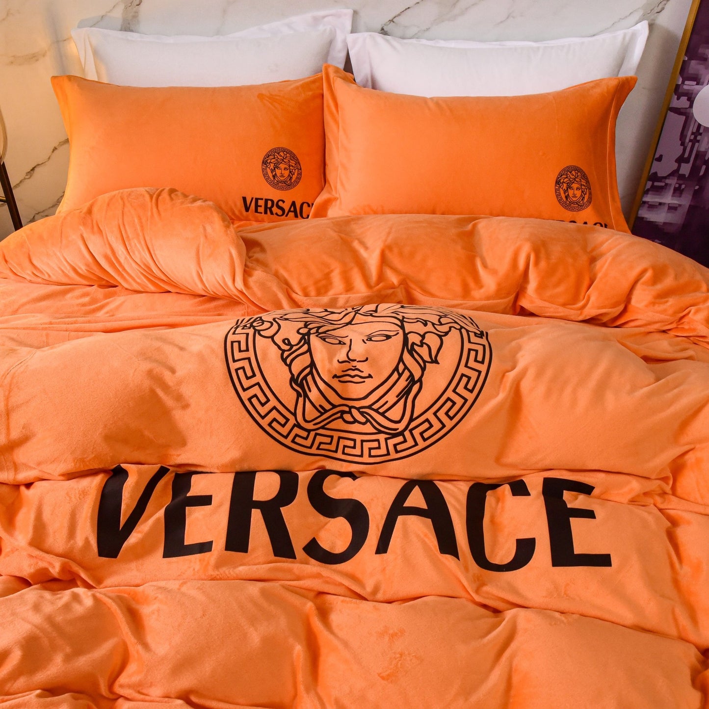 Versace Medusa Luxury Branded Logo Plain Orange Design Bed Sheet Crystal Velvet Bedding Set