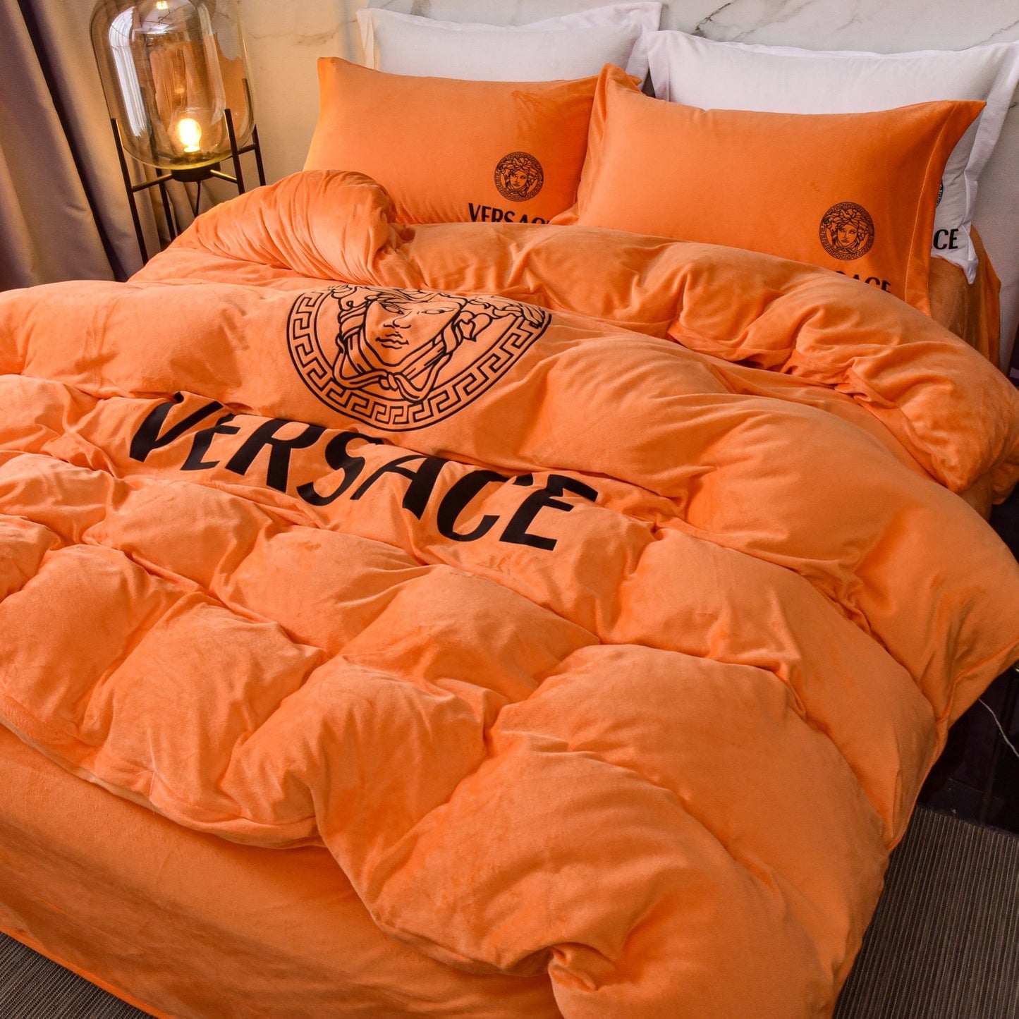 Versace Medusa Luxury Branded Logo Plain Orange Design Bed Sheet Crystal Velvet Bedding Set