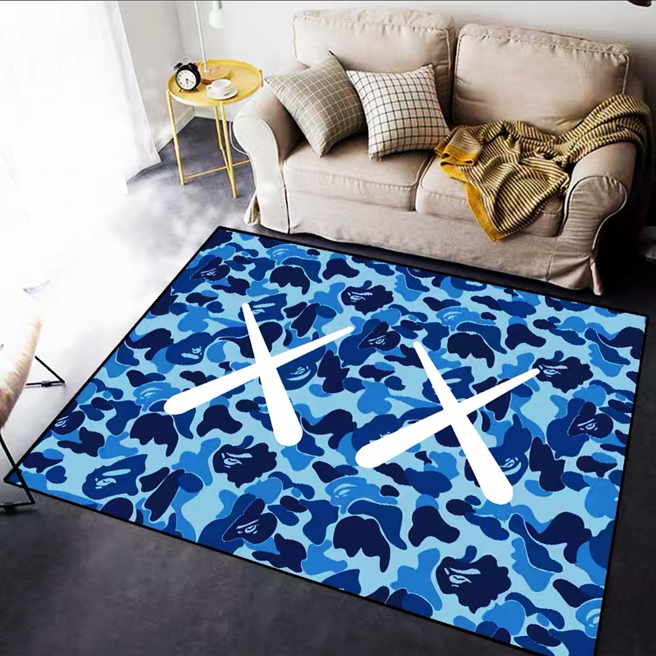 Classic Kaws Double X Logo Blue Camouflage Rectangle Carpet Modern Home Decoration Rugs (K025)