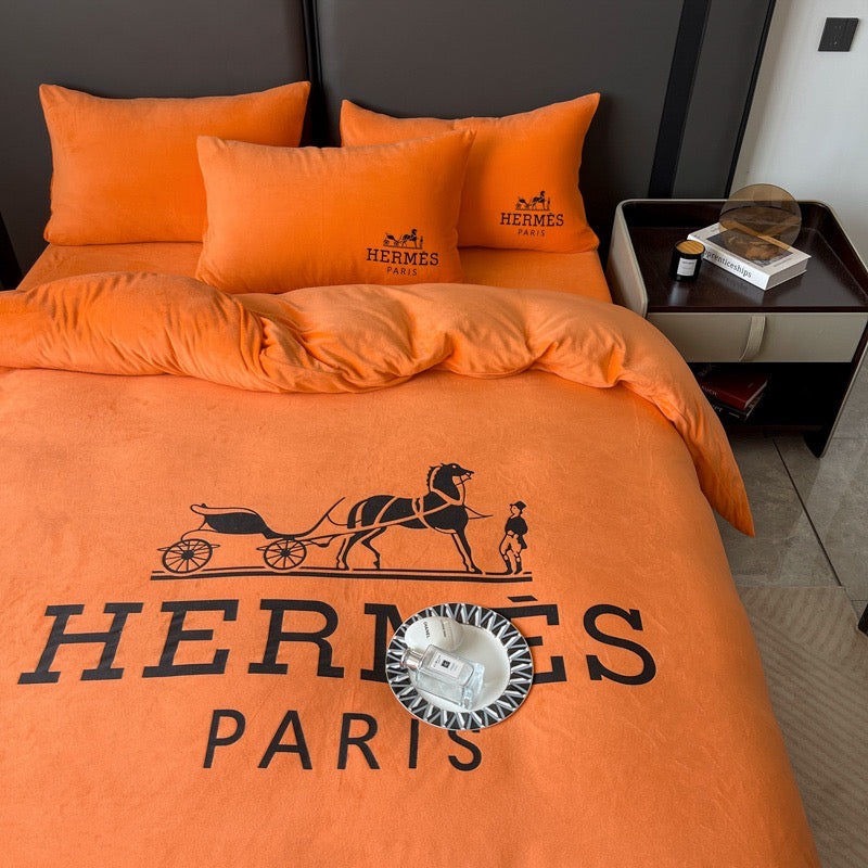 Classic Hermes Orange Design Plain Logo Crystal Velvet Luxury Branded Bedding Set