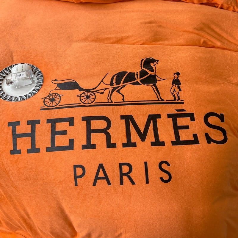 Classic Hermes Orange Design Plain Logo Crystal Velvet Luxury Branded Bedding Set