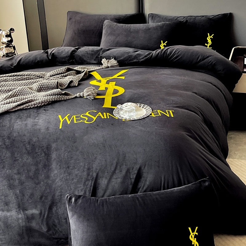 Yves Saint Laurent YSL Black Gold Plain Luxury Branded Logo Design Crystal Velvet Bedding Set