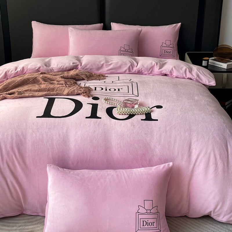 Plain Pink Luxury Branded Logo Christian Dior Design Crystal Velvet Bedding Set