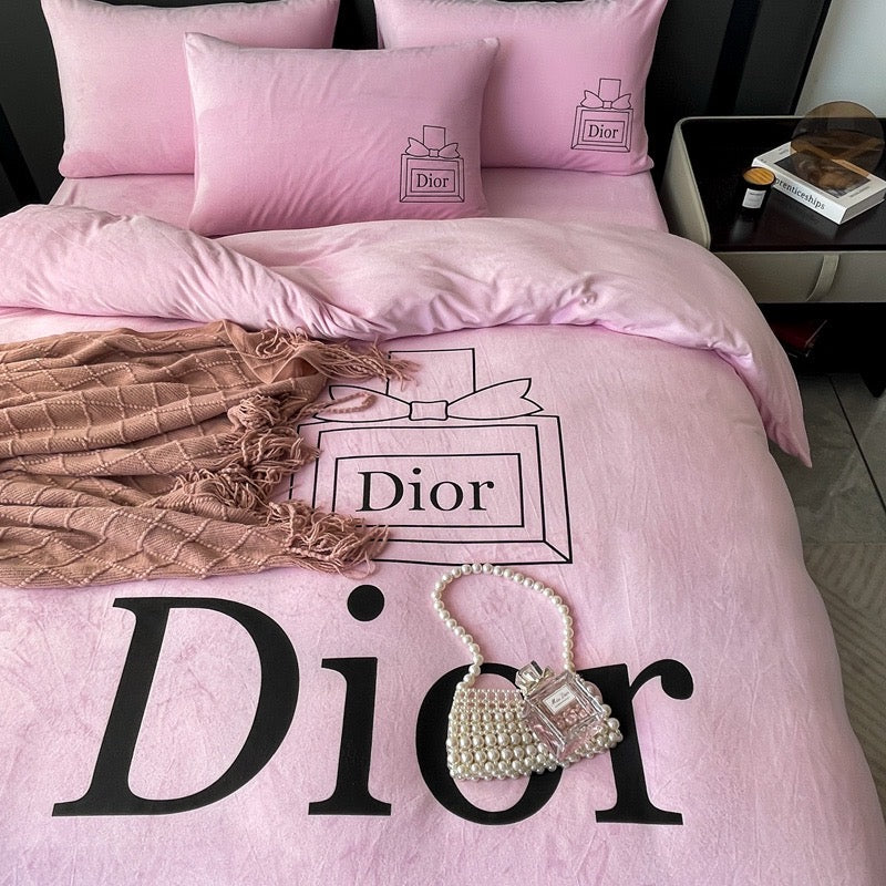 Plain Pink Luxury Branded Logo Christian Dior Design Crystal Velvet Bedding Set