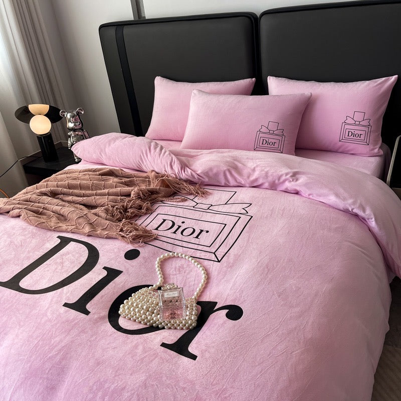 Plain Pink Luxury Branded Logo Christian Dior Design Crystal Velvet Bedding Set