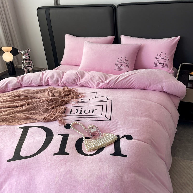 Plain Pink Luxury Branded Logo Christian Dior Design Crystal Velvet Bedding Set